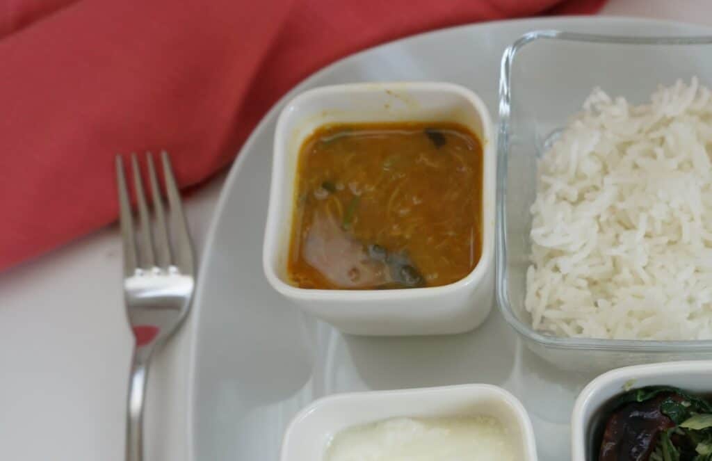 Rhubarb Lentil soup sambar served with rice